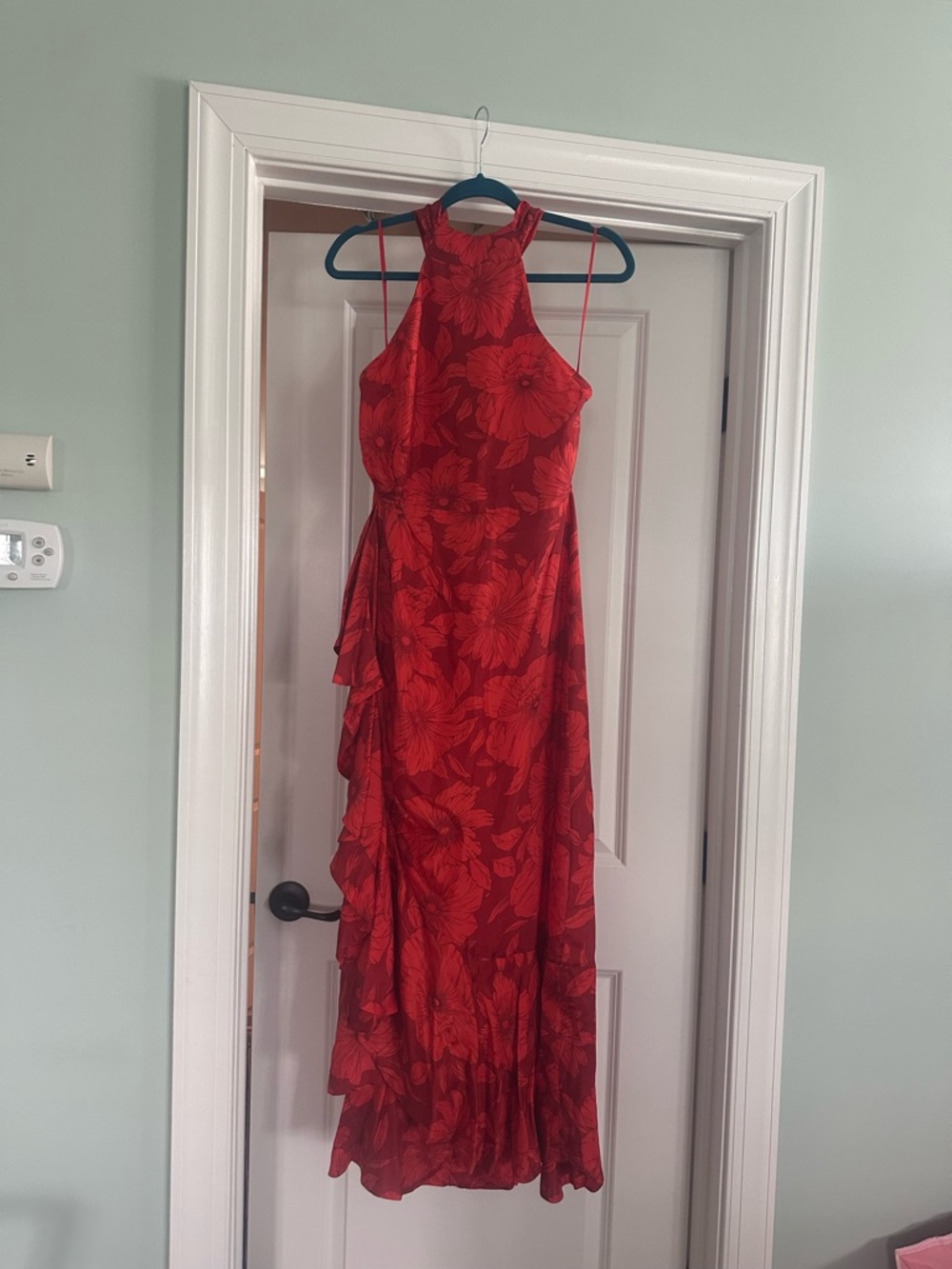 J. Crew Red Floral Halter Maxi Dress with Ruffle Detail